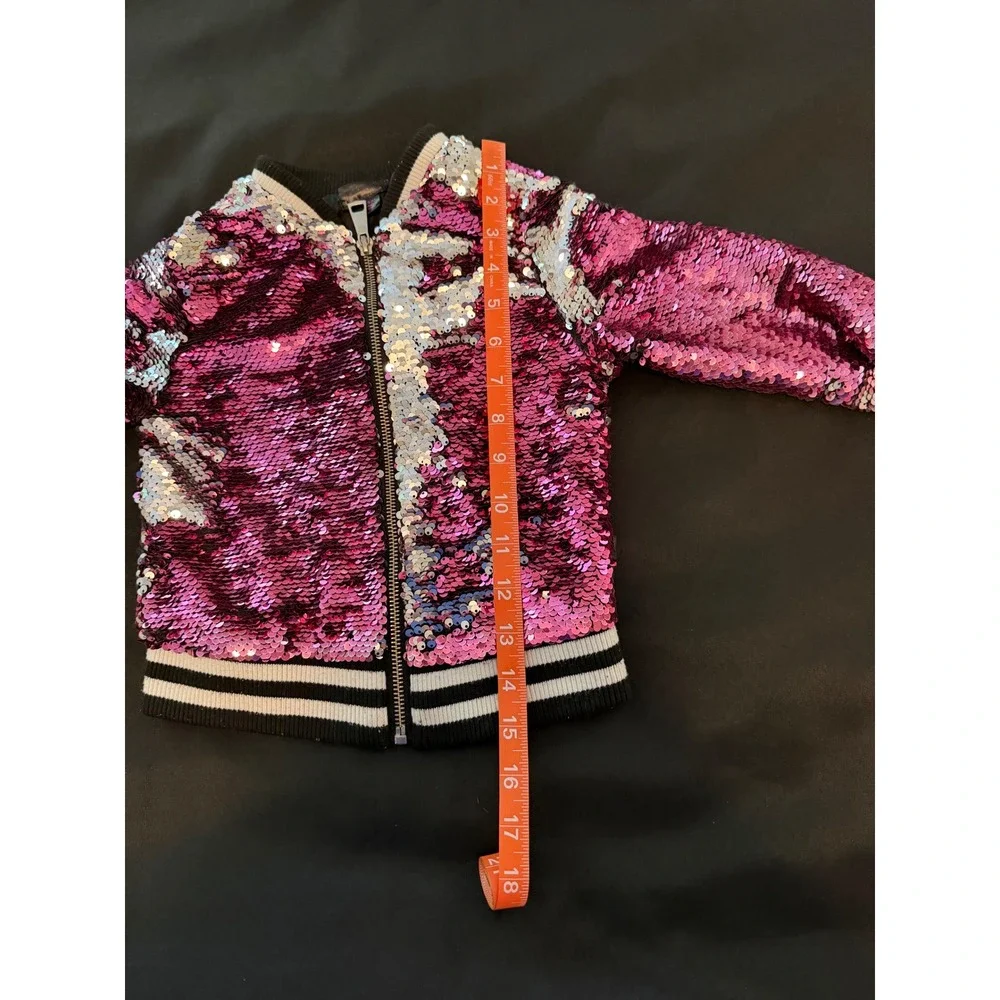 Kids Pink Silver Flip Sequin Bomber Jacket Full Zip Striped Trim Sparkly Coat